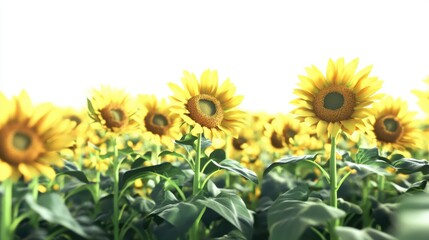 Obraz premium A hyperrealistic 3D render of a sunflower field, full of vibrant energy, isolated on white background