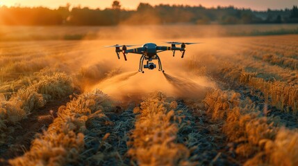 Future farming - agriculture drone fertilizing a field, innovative technology enhancing crop yield and efficiency, revolutionizing modern agricultural practices for sustainable growth.