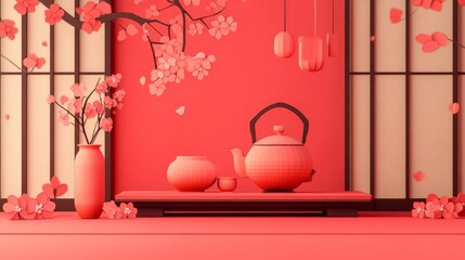 Serene red tea room with traditional Japanese decor, cherry blossoms, and a teapot on the floor. Minimalist and tranquil setting.