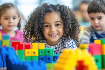 A Smiling Girl with Curly Hair Plays with Colorful Blocks