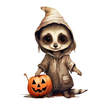 Niedliches Faultier im Halloween Kost&uuml;m mit Kapuze und K&uuml;rbislaterne