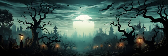 Fototapeta premium Halloween card depicting twisted forest where tree skeletal hand reaching sky 3D hand 2D shadowy branch decorating bottom edge top half left blank providing ample room writing illuminated 2D ghostly