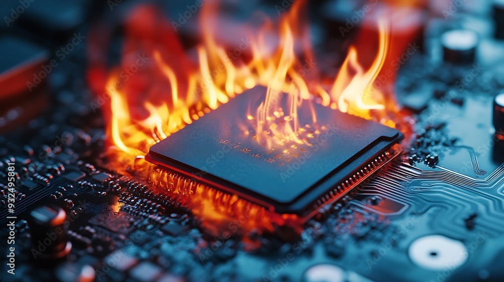 Poster close-up of a computer processor chip engulfed in flames, a symbol of overheating and malfunction.