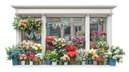 A 3D illustration of a flower shop window with various flower arrangements, isolated on white background