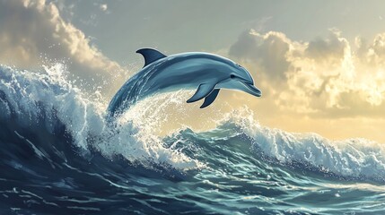 Fototapeta premium Illustration of a dolphin jumping out of a boat.