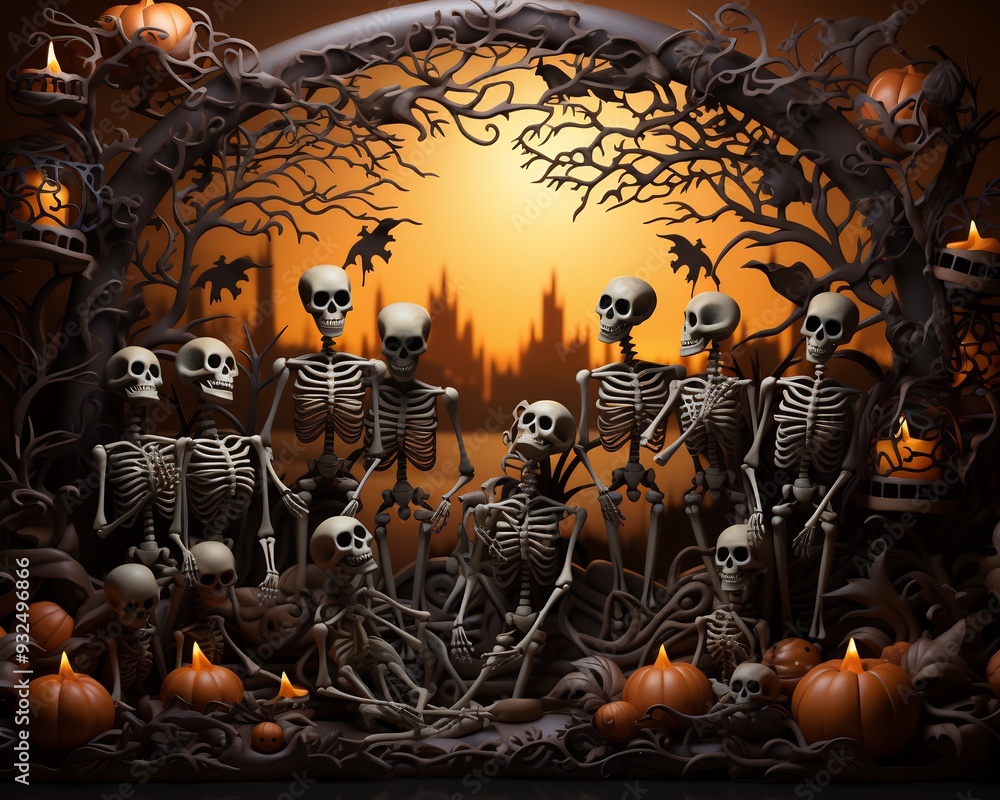 Poster halloween card featuring 3d skeletons dancing along the bottom border with 2d cobwebs decorating the