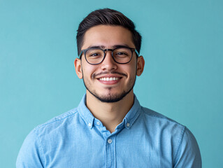 Obraz premium A young Hispanic man with a confident smile, wearing a blue shirt and glasses, isolated on an aqua blue background.