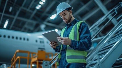 Engineer using digital tablet while standing in front of airplane engine in factory