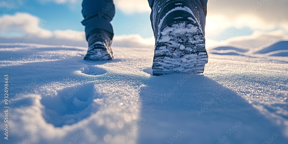 Poster A winter snowshoe icon, leaving a trail of footprints in the snow