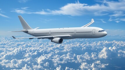 Obraz premium White Airplane Flying Above Fluffy Clouds in a Blue Sky