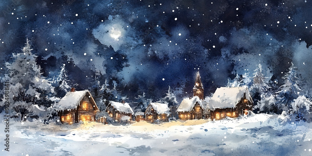 Sticker Snow-covered village, night sky, calm winter scene, watercolor style