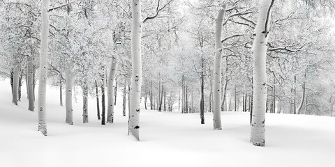 Black and white photography of aspen trees covered with snow in winter