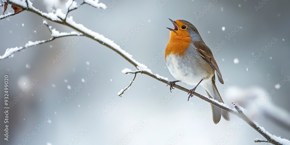 Canvas Prints A bird is singing on a tree branch in winter