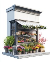 Naklejka premium A hyperrealistic 3D render of a flower shops exterior, with flowers displayed outside, isolated on white background