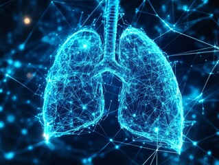 Futuristic health protection  blue lung in neon sphere shield with wireframe connections
