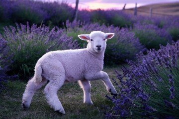 Obraz premium Lamb in Lavender Field at Sunset