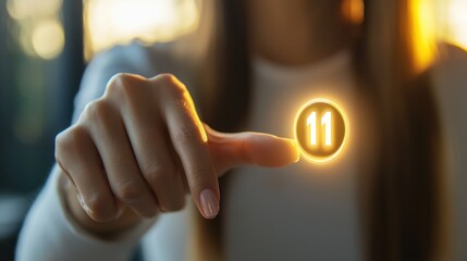 A Fingertip Pressing a Glowing Circle with the Number Eleven