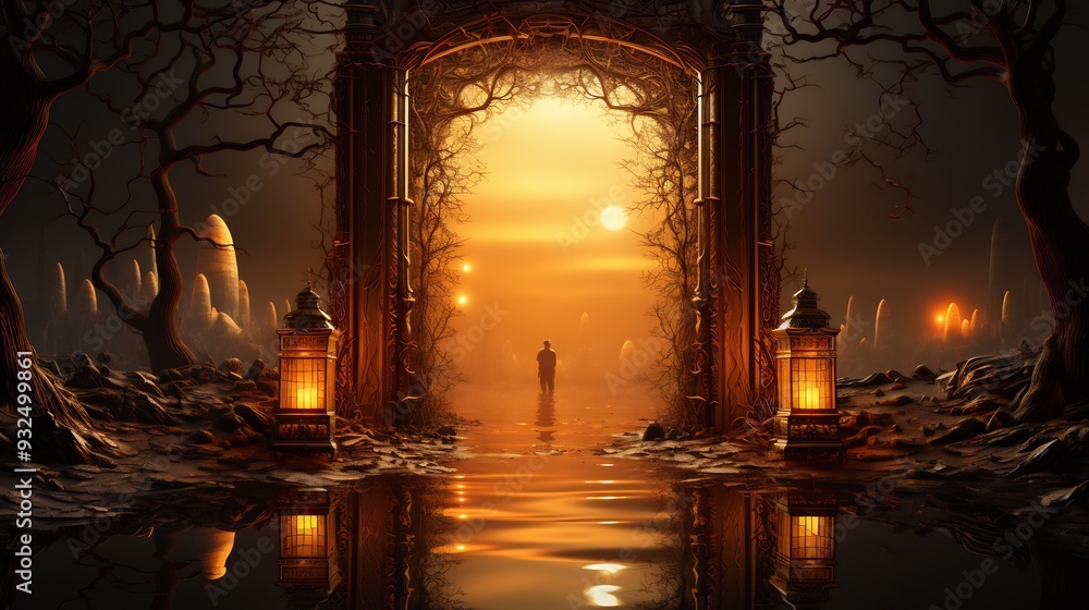 Poster halloween card featuring 3d haunted mirror floating dark void with 2d ghostly reflections peeking fr
