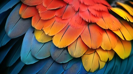 Obraz premium Vibrant Parrot Feathers: Close-Up Texture of a Colorful Bird Wing