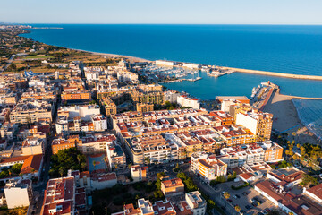 Obraz premium Aerial view of Benicarlo, city on Mediterranean Coast in coastal comarca Baix Maestrat, Province of Castelloncastellca, Spain.
