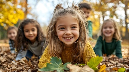Joyful Children Playing in a Pile of Vibrant Autumn Leaves