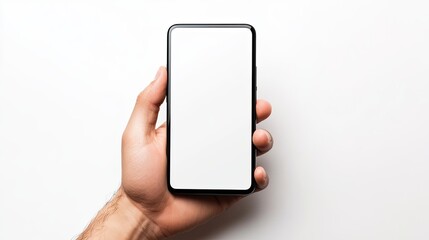 Hand exhibiting mobile device with white display vertical on light backdrop mockup