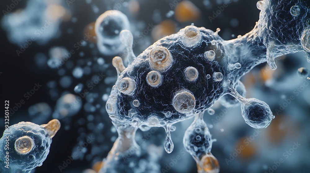Poster close-up of a microscopic organism with a complex structure, featuring intricate details and a varie