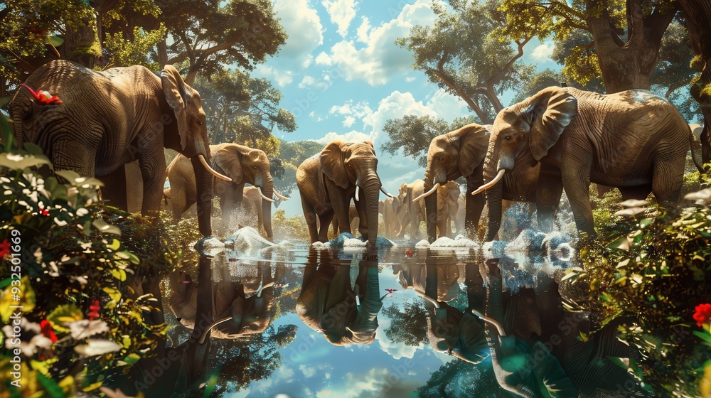 Poster elephants drink water from a calm pool while enjoying the peaceful surroundings of nature in the aft