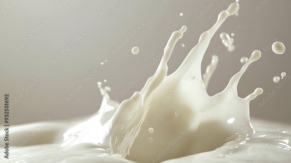 Poster close-up of a milk splash, creating a dynamic pattern with creamy white liquid and a blurred backgro
