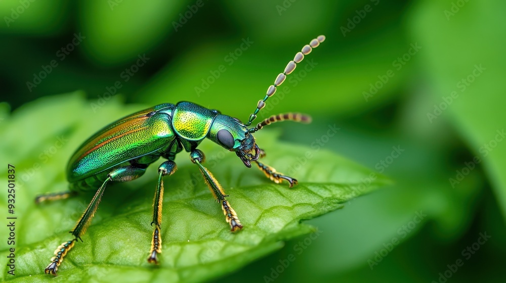 Wall mural Vibrant Green Beetle on a Leaf