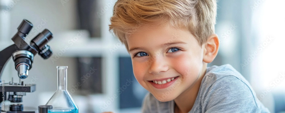 Poster a young boy is smiling and looking at the camera while sitting in front of a microscope. concept of 