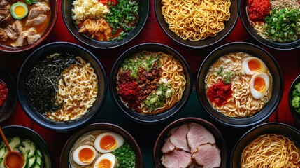 Ramen Extravaganza: Exploring a Colorful Array of Noodle Bowls with Varied Broth and Toppings in a Vibrant Setting