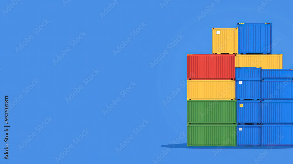 Poster a blue background with a stack of colorful shipping containers. the containers are stacked in a pyra