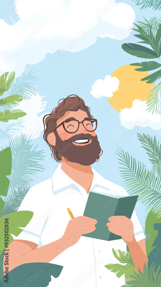 Poster a man with glasses is smiling and holding a book. the image is of a man in a forest with a book in h