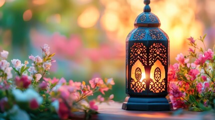 Ornamental Lantern with Flowers at Sunset