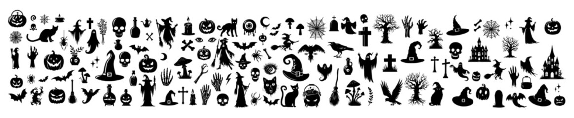 Vector illustration. Giant set of black silhouettes for Halloween.	