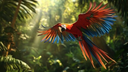 Scarlet Macaw in Flight Through Lush Rainforest