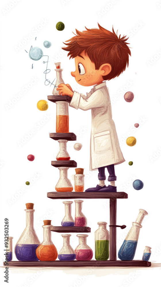 Poster a cartoonish drawing of a boy in a lab coat standing on a step stool in front of a row of beakers