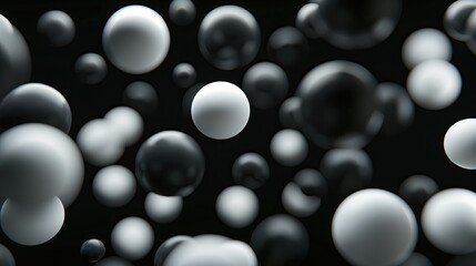 Abstract 3d rendering of chaotic black and white spheres in empty space. Bokeh effect.