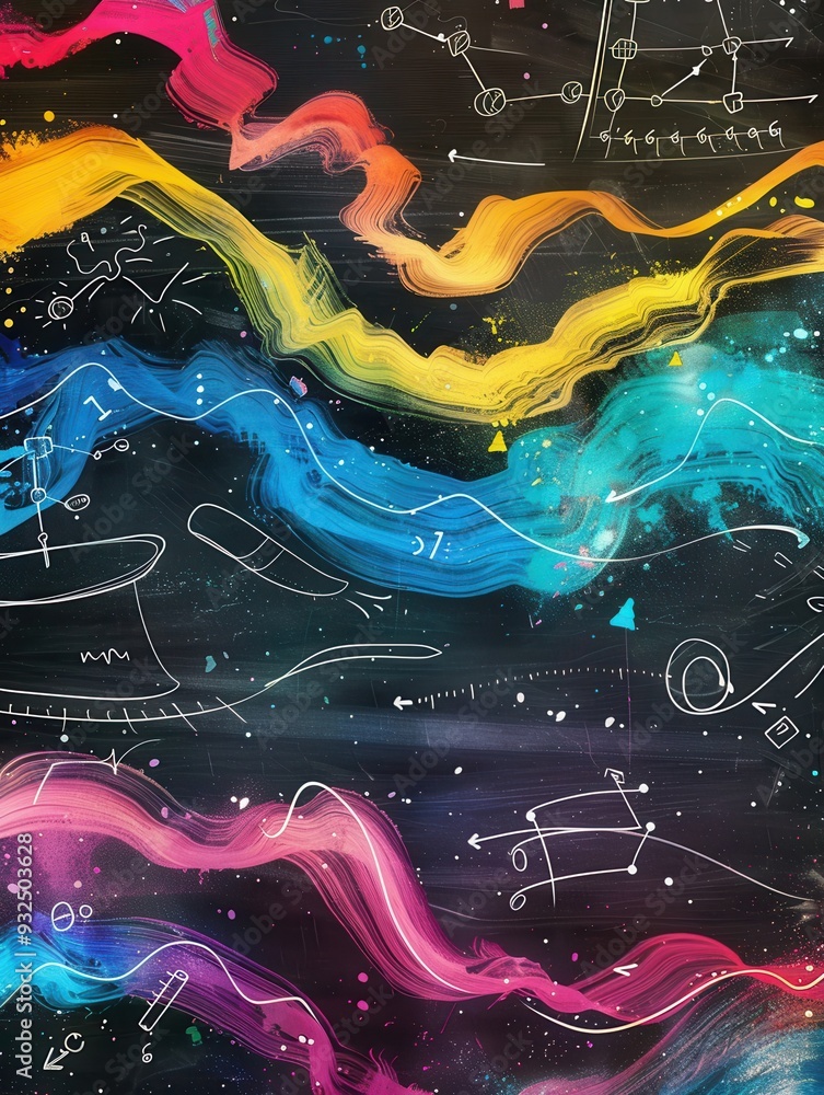 Poster vibrant chalk strokes blend colorful waves with scientific diagrams and formulas, enriching the atmo