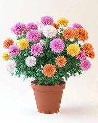 Obraz premium A hyperrealistic 3D render of a potted chrysanthemum, full of vibrant blooms, isolated on white background