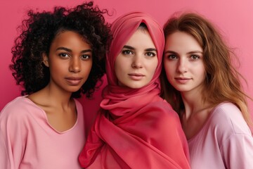 Three multiethnic women in headscarf looking at camera isolated on pink