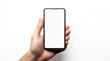 Hand displaying cellphone with empty display standing on light surface mockup