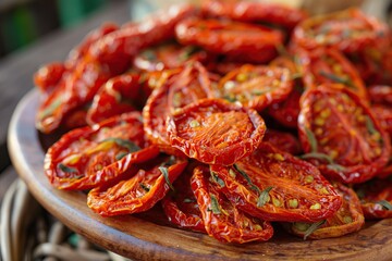 Sun-dried tomatoes with spices and herbs in a plate