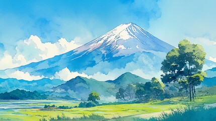 Fototapeta premium 美しい富士山の水彩風景画9