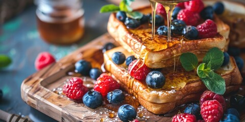 Fototapeta premium Tempting French Toast with Honey and Fresh Berries Tasty Toasts with Maple Syrup and Blueberries