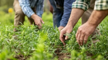 Fototapeta premium Farmers carefully examining and evaluating the of hemp plants growing in a lush rural agricultural field