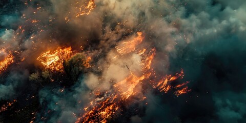 Fototapeta premium Aerial view of intense forest and field fire with strong smoke and burning dry grass