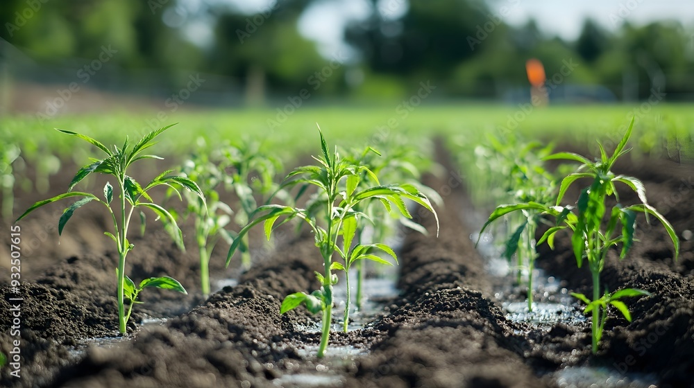 Wall mural watering young hemp plants in a well organized farm setting with advanced irrigation system efficien