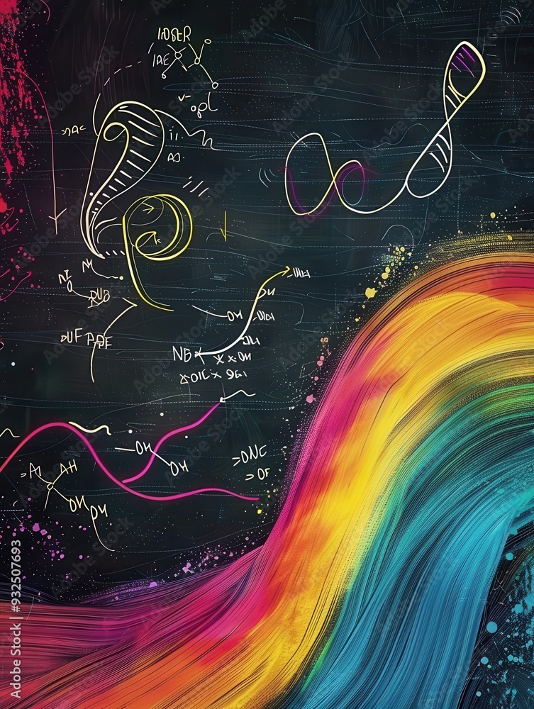 Poster Colorful chalk strokes create a vibrant wave on the background, subtly incorporating scientific formulas and diagrams for an engaging learning experience. Generative AI